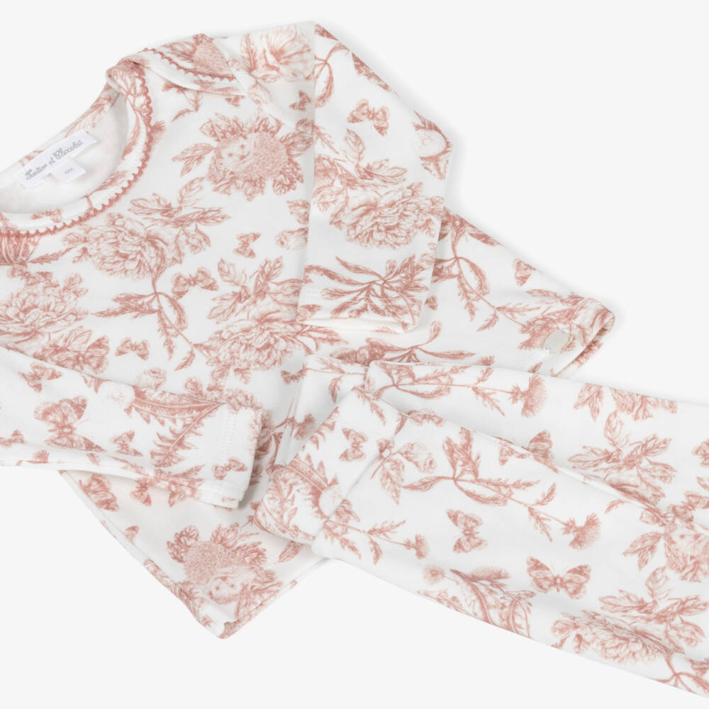 Tartine et Chocolat-Ivory & Pink Toile Du Jouy Cotton Baby Pyjamas | Childrensalon