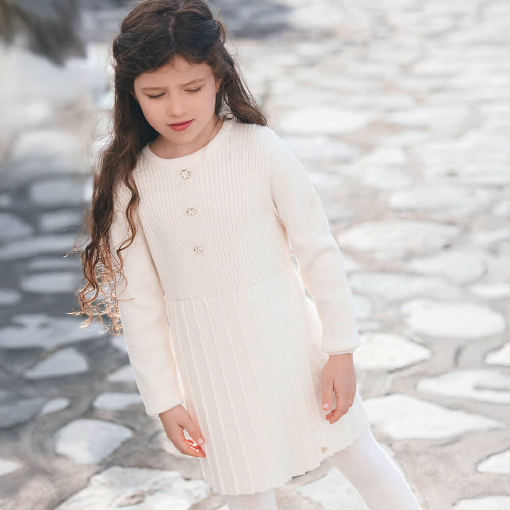Tartine et Chocolat-Ivory Pleated Wool Knit Dress | Childrensalon