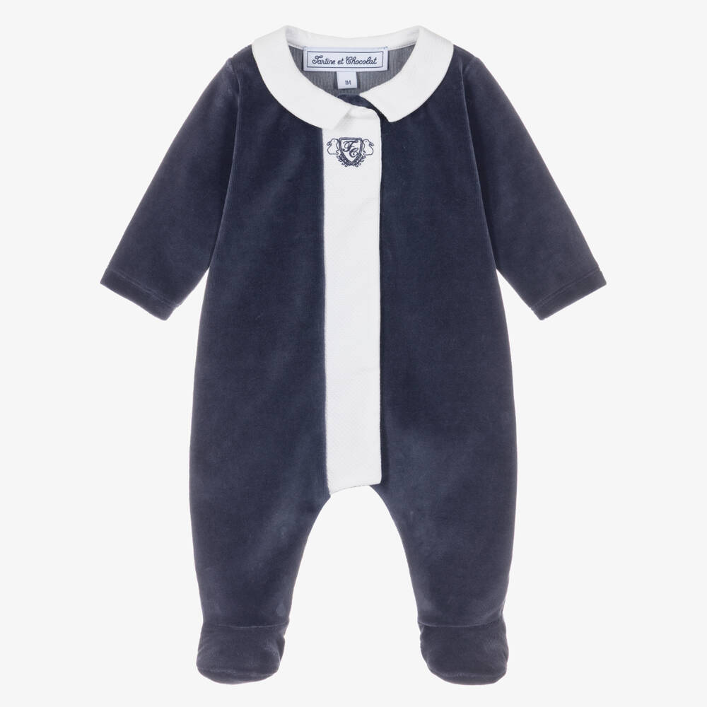 Tartine et Chocolat-Navy Blue Velour Babygrow with Waffle Collar | Childrensalon