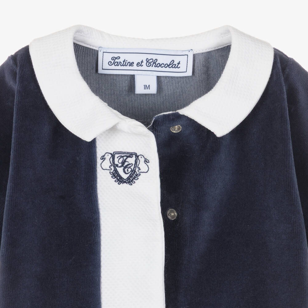Tartine et Chocolat-Navy Blue Velour Babygrow with Waffle Collar | Childrensalon