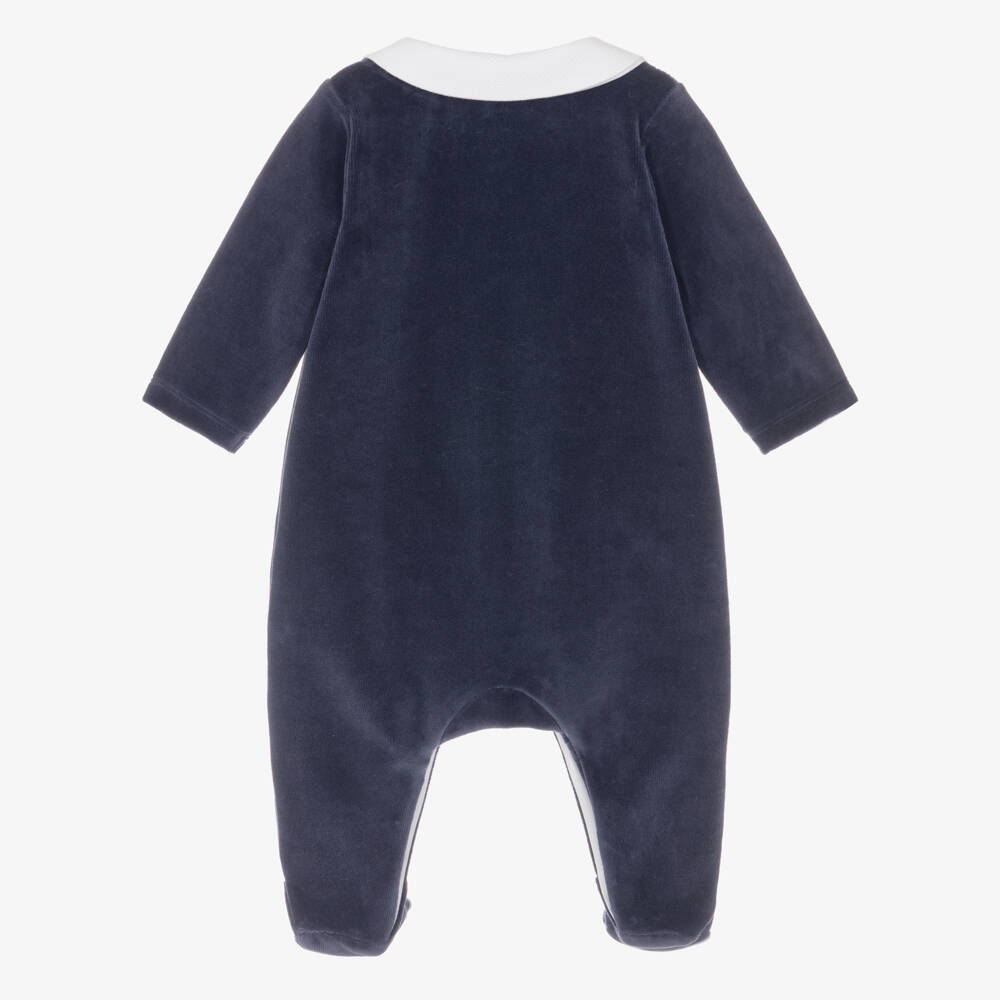 Tartine et Chocolat-Navy Blue Velour Babygrow with Waffle Collar | Childrensalon