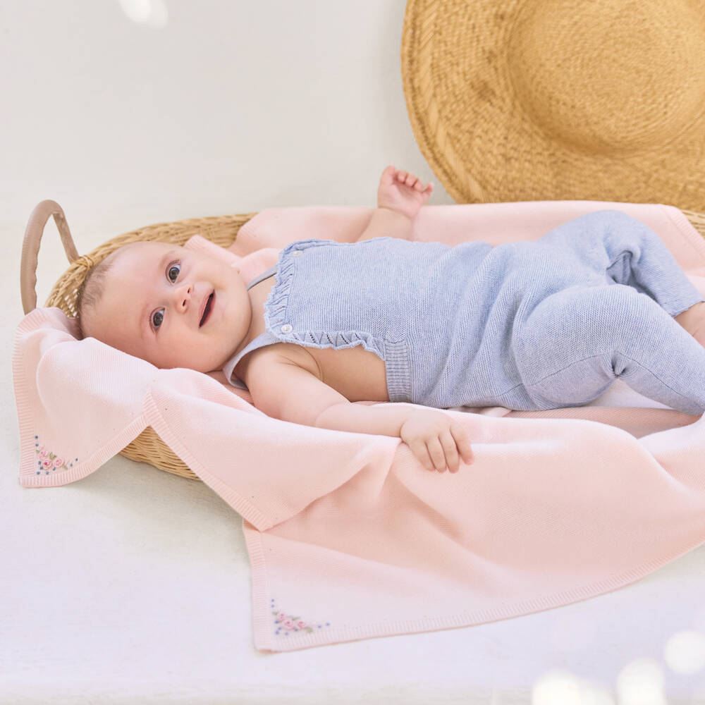 Tartine et Chocolat-Pink Cotton Knit Blanket with Hand Embroidery (90cm) | Childrensalon