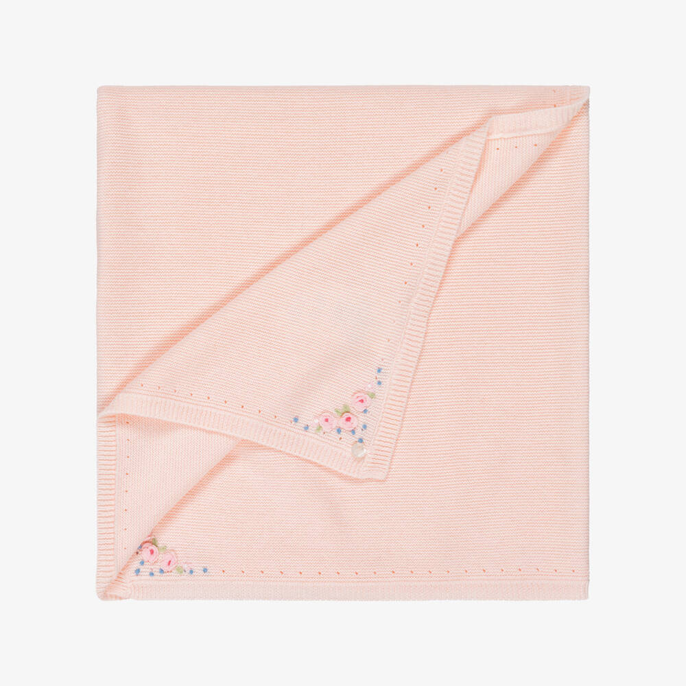 Tartine et Chocolat-Pink Cotton Knit Blanket with Hand Embroidery (90cm) | Childrensalon
