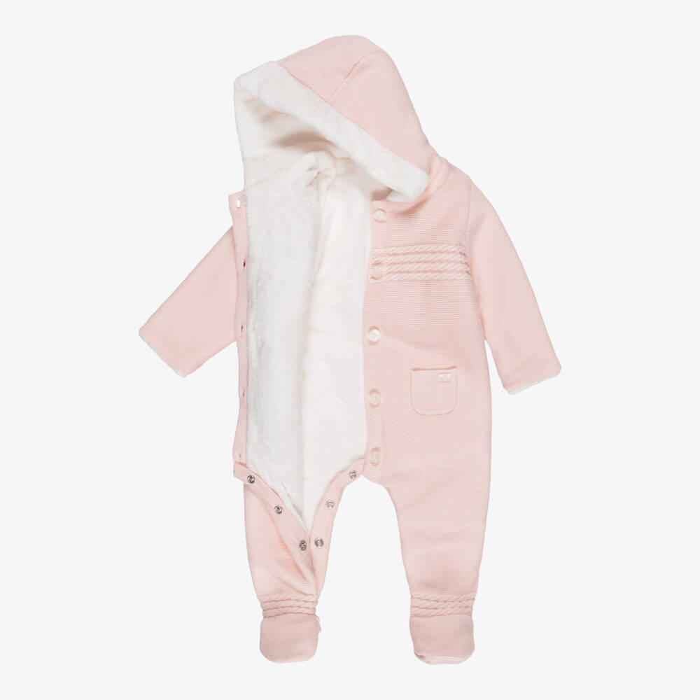 Tartine et Chocolat-Pink Cotton & Wool Knit Padded Pramsuit | Childrensalon