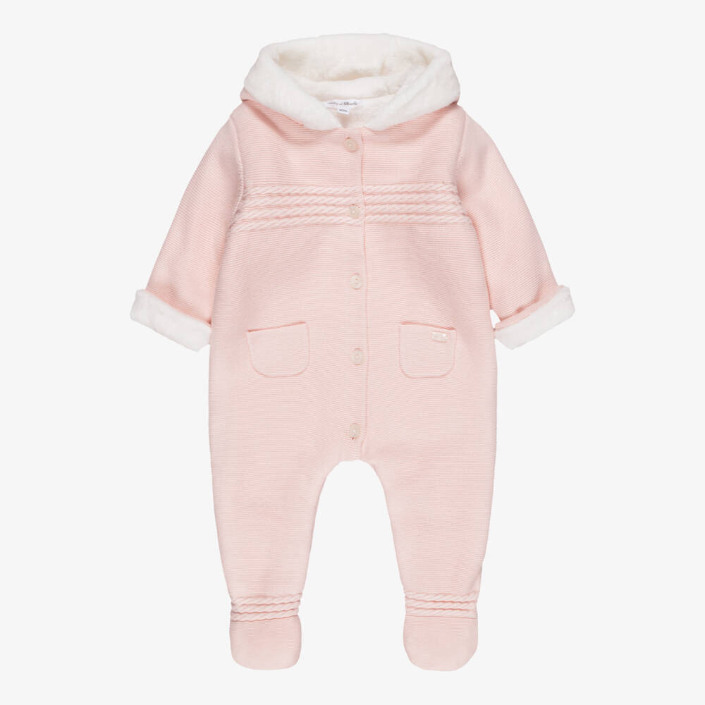 Tartine et Chocolat-Pink Cotton & Wool Knit Padded Pramsuit | Childrensalon