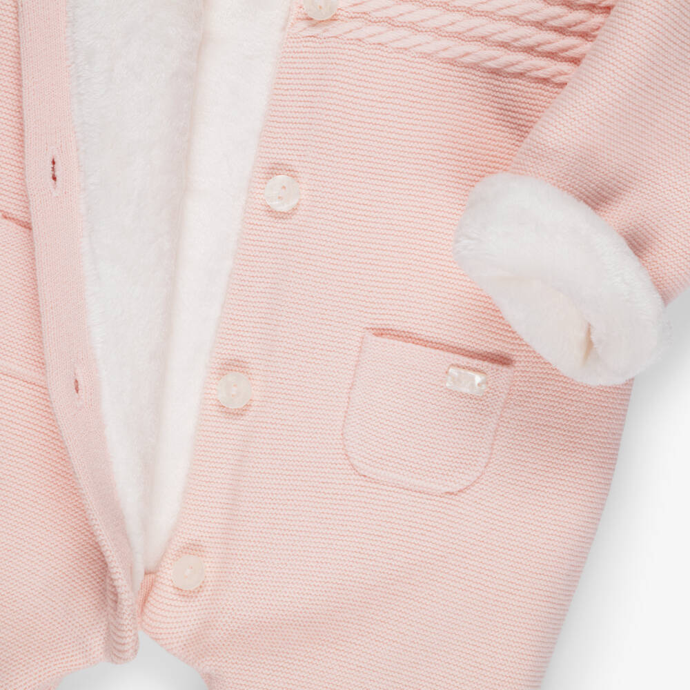 Tartine et Chocolat-Pink Cotton & Wool Knit Padded Pramsuit | Childrensalon