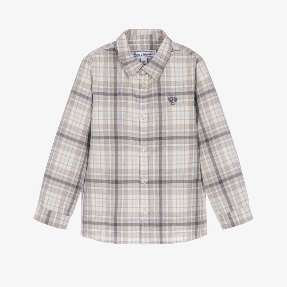 Tartine et Chocolat-Toddler Boys Beige Check Long Sleeve Cotton Shirt | Childrensalon