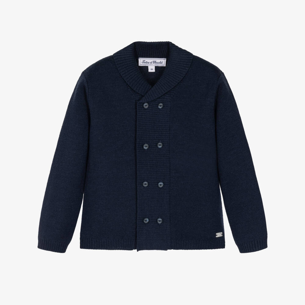 Tartine et Chocolat-Toddler Boys Navy Blue Knitted Cardigan with Collar | Childrensalon