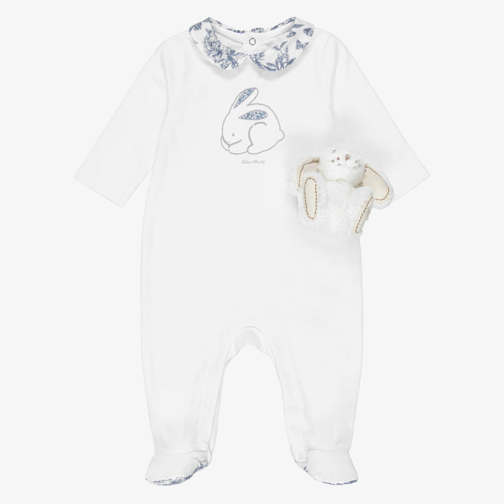 Tartine et Chocolat-White Cotton Babygrow & Soft Toy Gift Set | Childrensalon