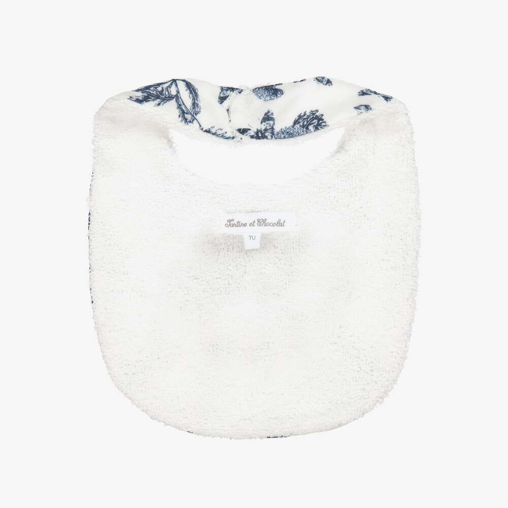 Tartine et Chocolat-White & Navy Blue Toile De Jouy Cotton Bib | Childrensalon