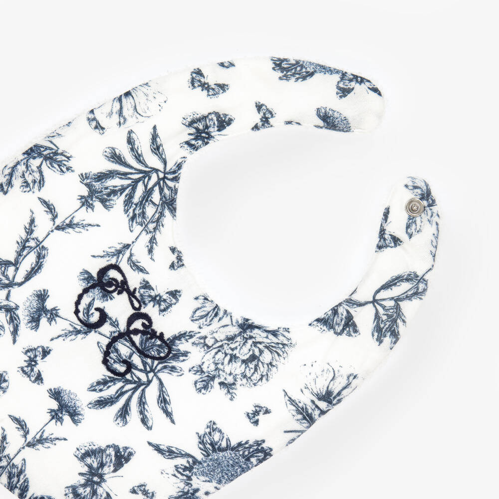 Tartine et Chocolat-White & Navy Blue Toile De Jouy Cotton Bib | Childrensalon