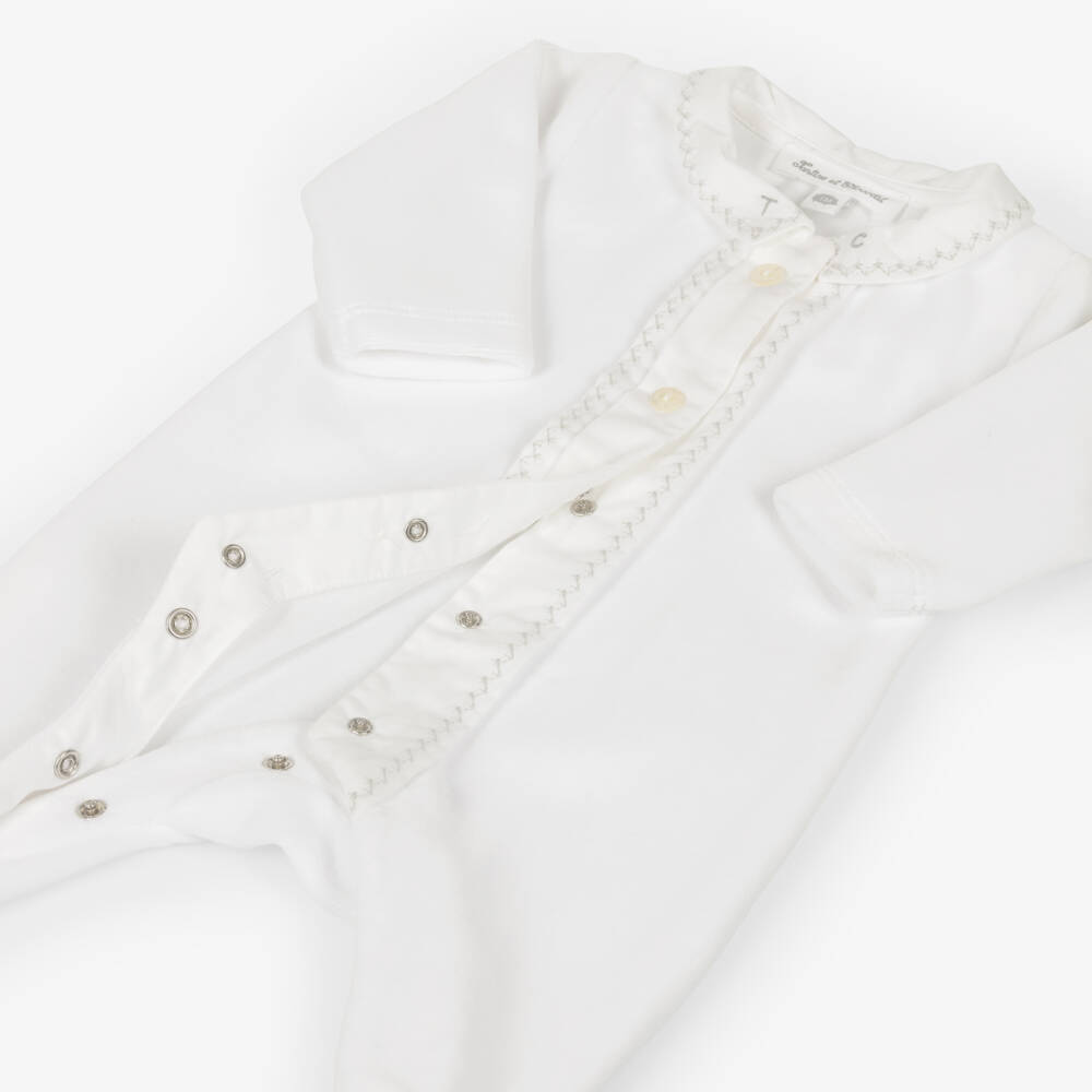 Tartine et Chocolat-White Velour Babygrow with Stitching Detail | Childrensalon