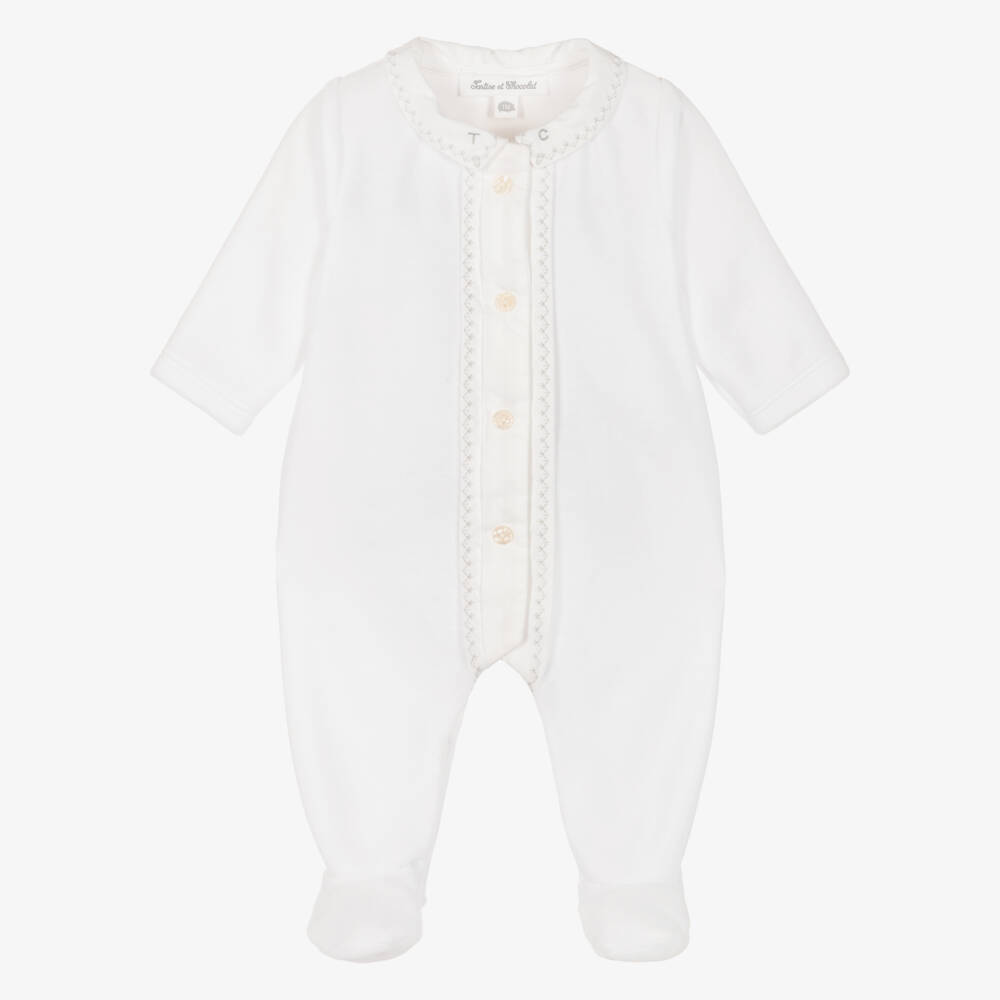 Tartine et Chocolat-White Velour Babygrow with Stitching Detail | Childrensalon