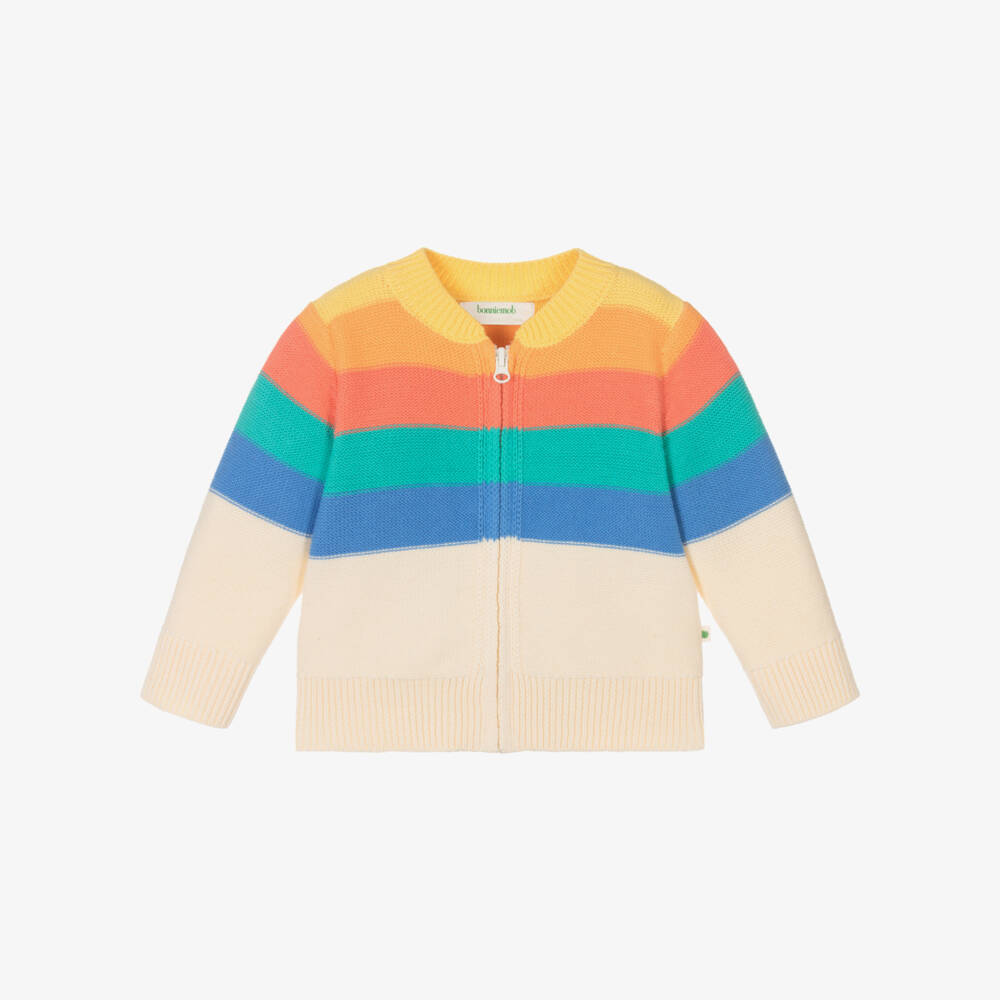 The Bonniemob-Baby Boys Ivory Rainbow Striped Organic Cotton Cardigan | Childrensalon
