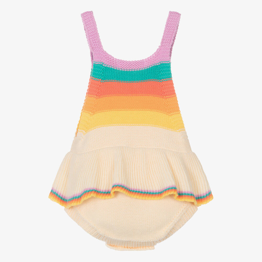 The Bonniemob-Baby Girls Ivory Organic Cotton Knit Rainbow Stripe Shortie | Childrensalon