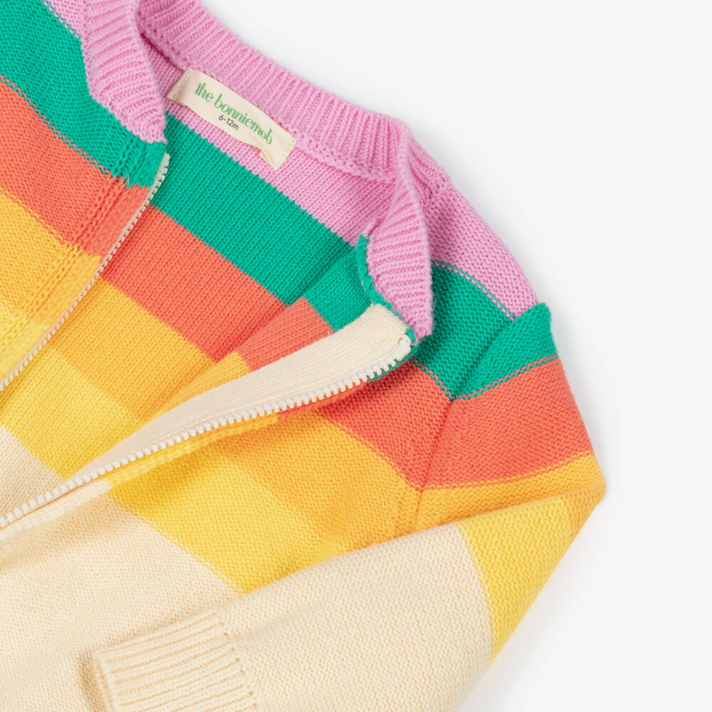 The Bonniemob-Baby Girls Ivory Rainbow Striped Organic Cotton Cardigan | Childrensalon