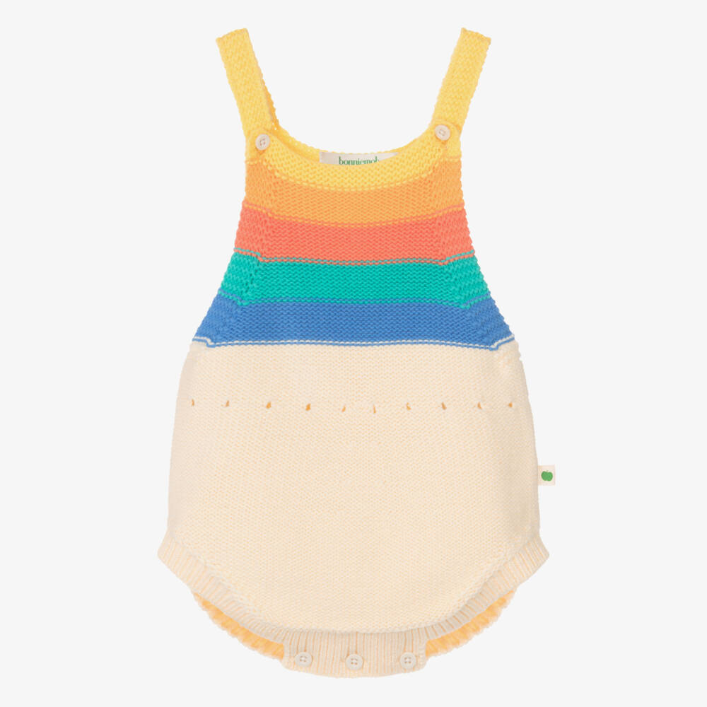 The Bonniemob-Ivory Organic Cotton Knit Shortie with Rainbow Stripes | Childrensalon