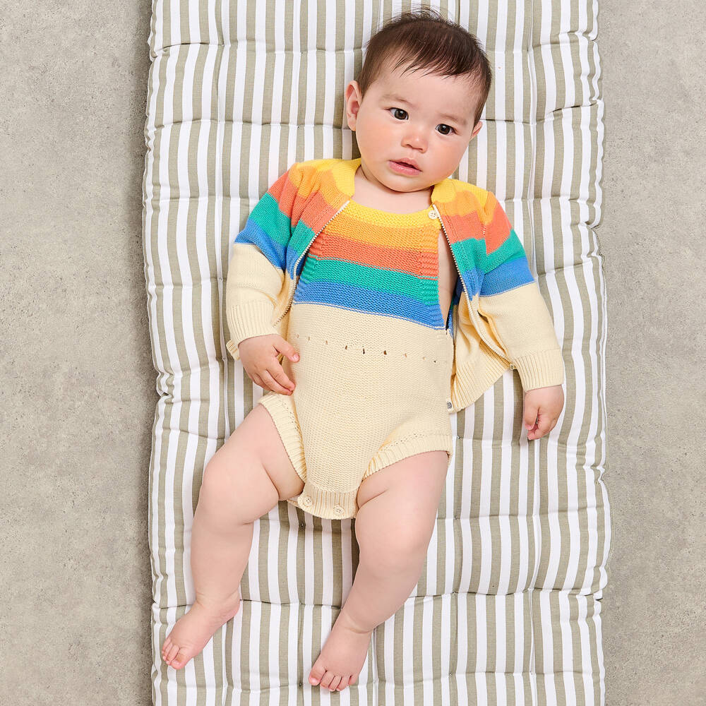 The Bonniemob-Ivory Organic Cotton Knit Shortie with Rainbow Stripes | Childrensalon