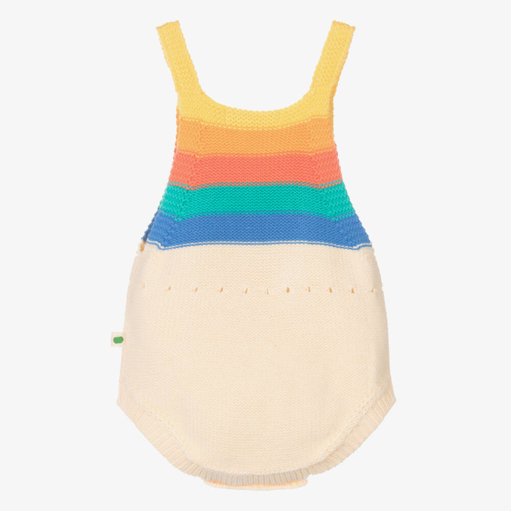 The Bonniemob-Ivory Organic Cotton Knit Shortie with Rainbow Stripes | Childrensalon