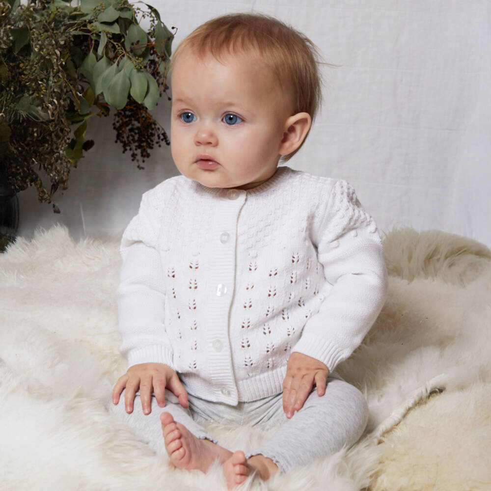 The Little Tailor-Baby Girls White Pointelle Cardigan | Childrensalon