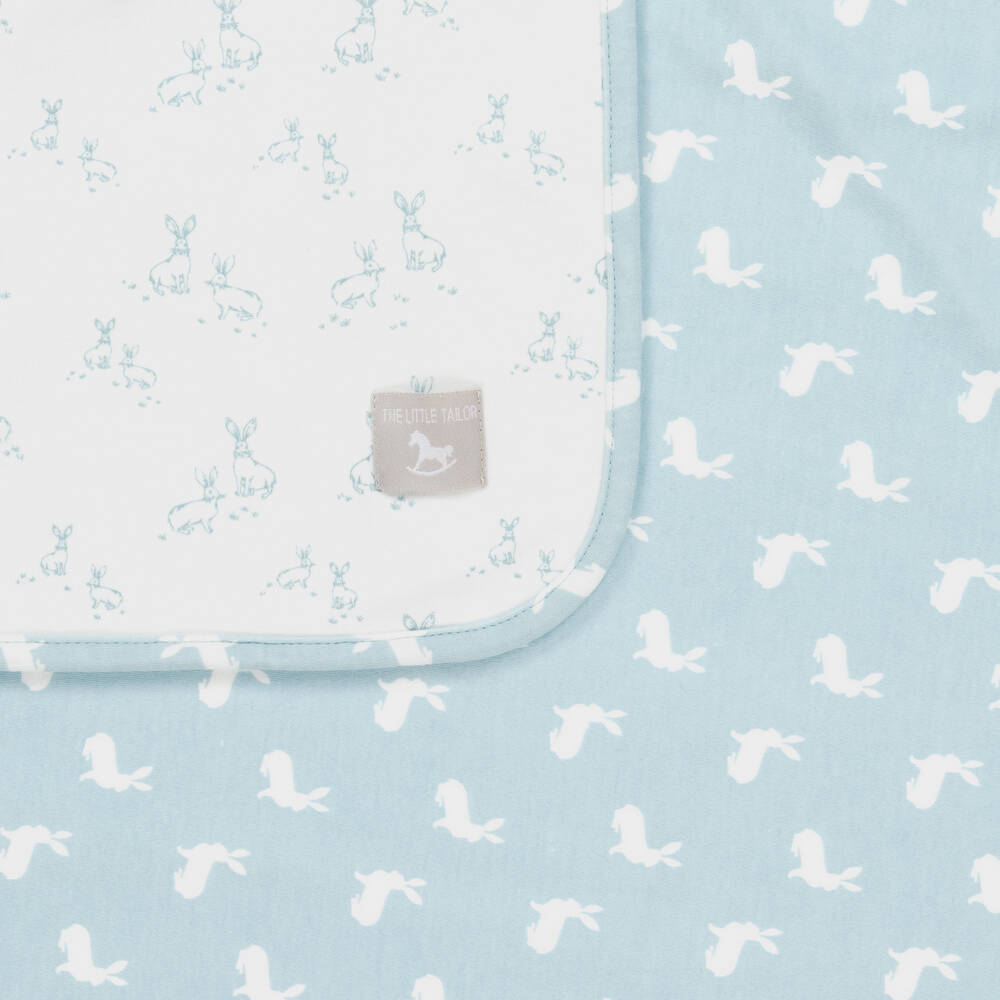 The Little Tailor-Blue Hare Print Reversible Cotton Blanket (69cm) | Childrensalon