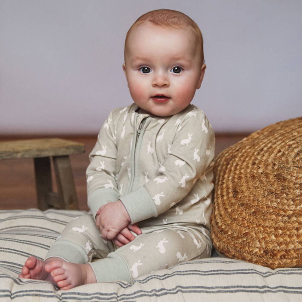 The Little Tailor-Grey Hare Print Cotton Babysuit Set | Childrensalon