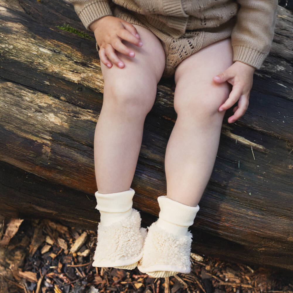 The Little Tailor-Ivory Sherpa Fleece Baby Booties | Childrensalon