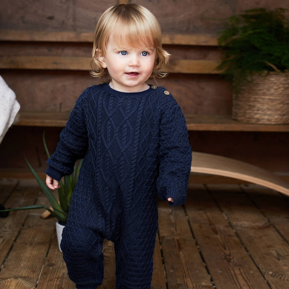 The Little Tailor-Navy Blue Knit Romper & Hat Set | Childrensalon