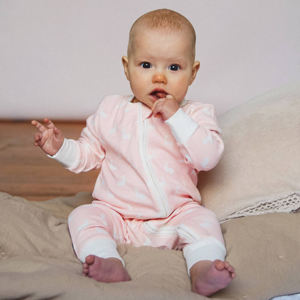The Little Tailor-Pink Hare Print Cotton Babysuit Set | Childrensalon