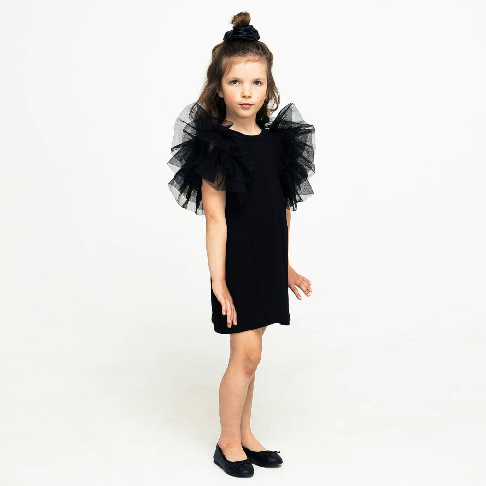 The Tiny Universe-Girls Black Cotton Ruffle Dress | Childrensalon