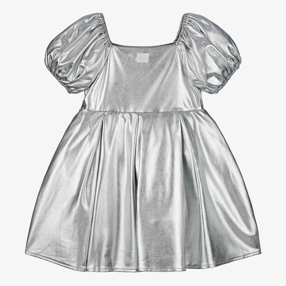 The Tiny Universe-Girls Metallic Silver Satin Dress | Childrensalon