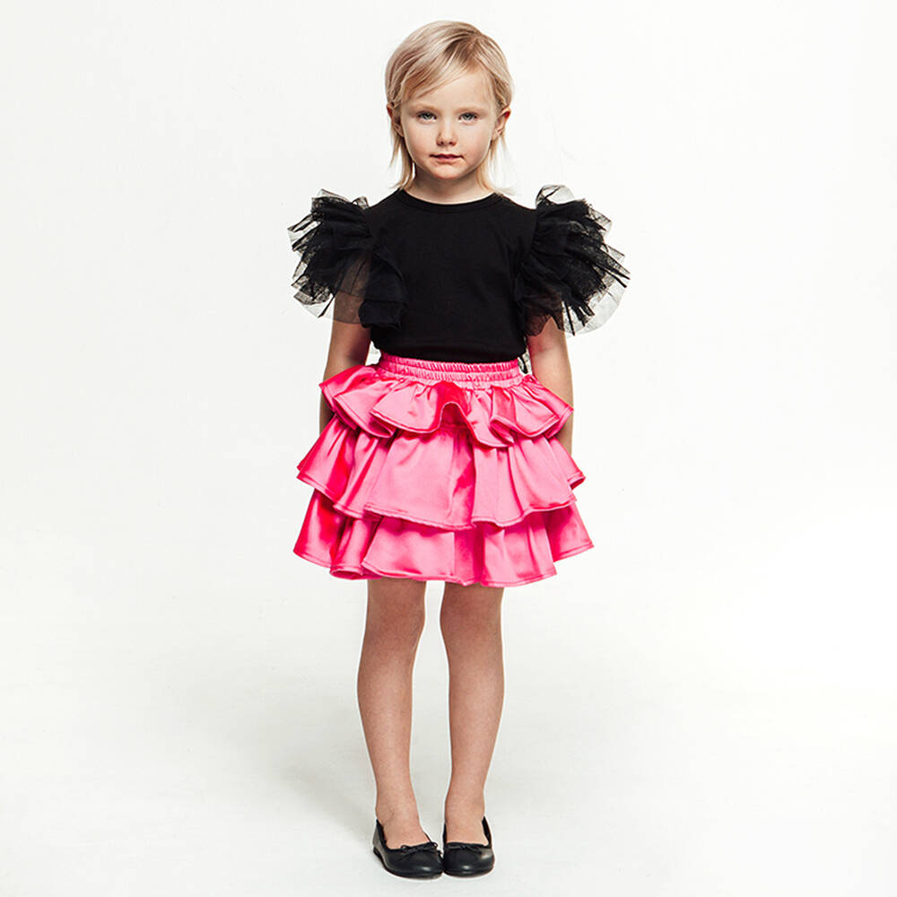 The Tiny Universe-تنورة بطبقات ساتان مكشكش لون زهري فوشيا | Childrensalon