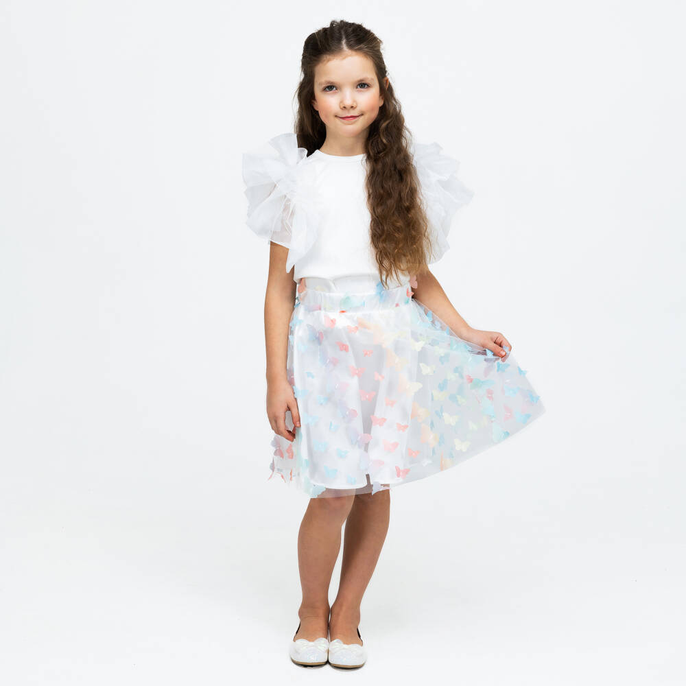 The Tiny Universe-Girls White & Blue Tulle Butterfly Skirt | Childrensalon