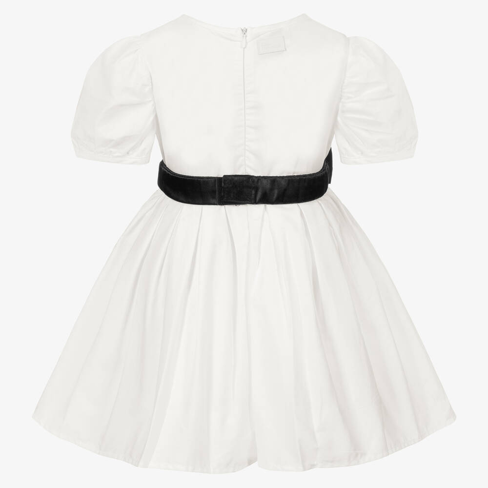 The Tiny Universe-Girls White Cotton & Black Bow Dress | Childrensalon