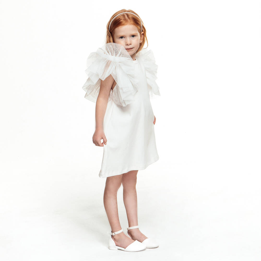 The Tiny Universe-Girls White Cotton Dress With Ruffle Sleeves | Childrensalon