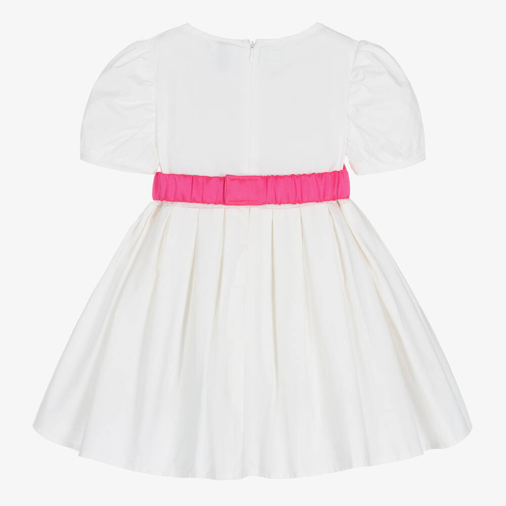 The Tiny Universe-Girls White Cotton & Pink Bow Dress | Childrensalon