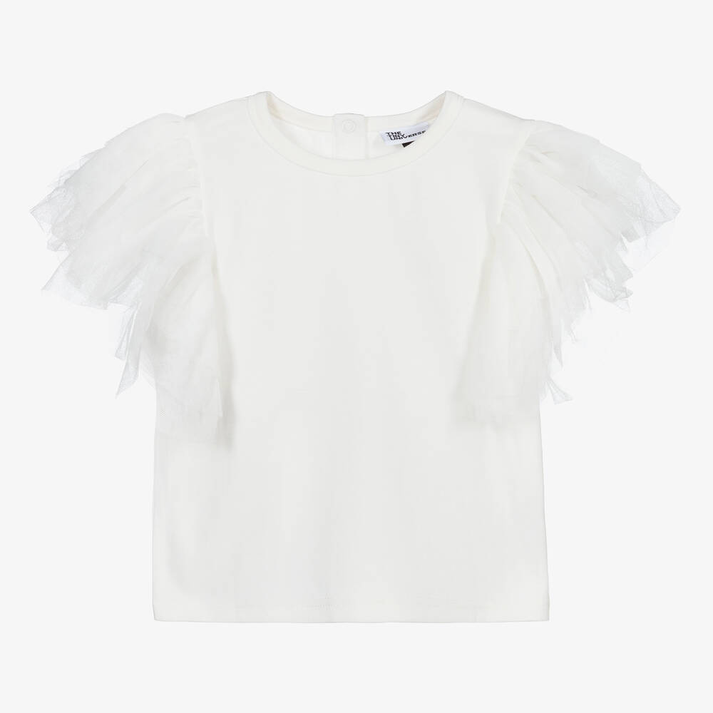 The Tiny Universe-Girls White Cotton & Tulle Top | Childrensalon