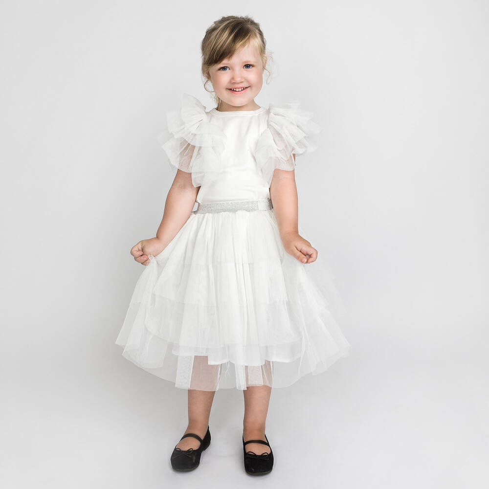 The Tiny Universe-Girls White Cotton & Tulle Top | Childrensalon