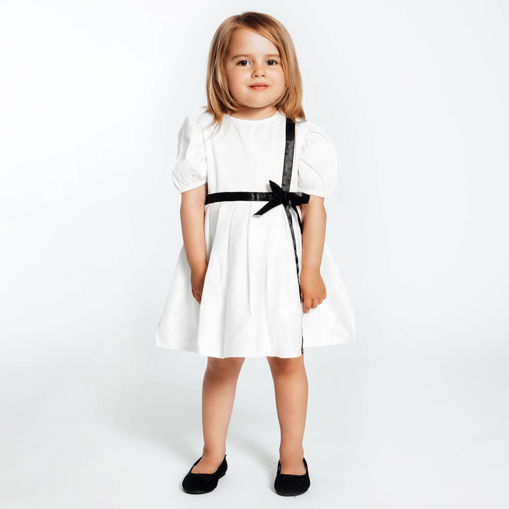 The Tiny Universe-Girls White Satin Bow Dress | Childrensalon