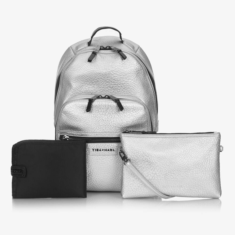 TIBA + MARL-Silver Faux Leather Changing Backpack (42cm) | Childrensalon