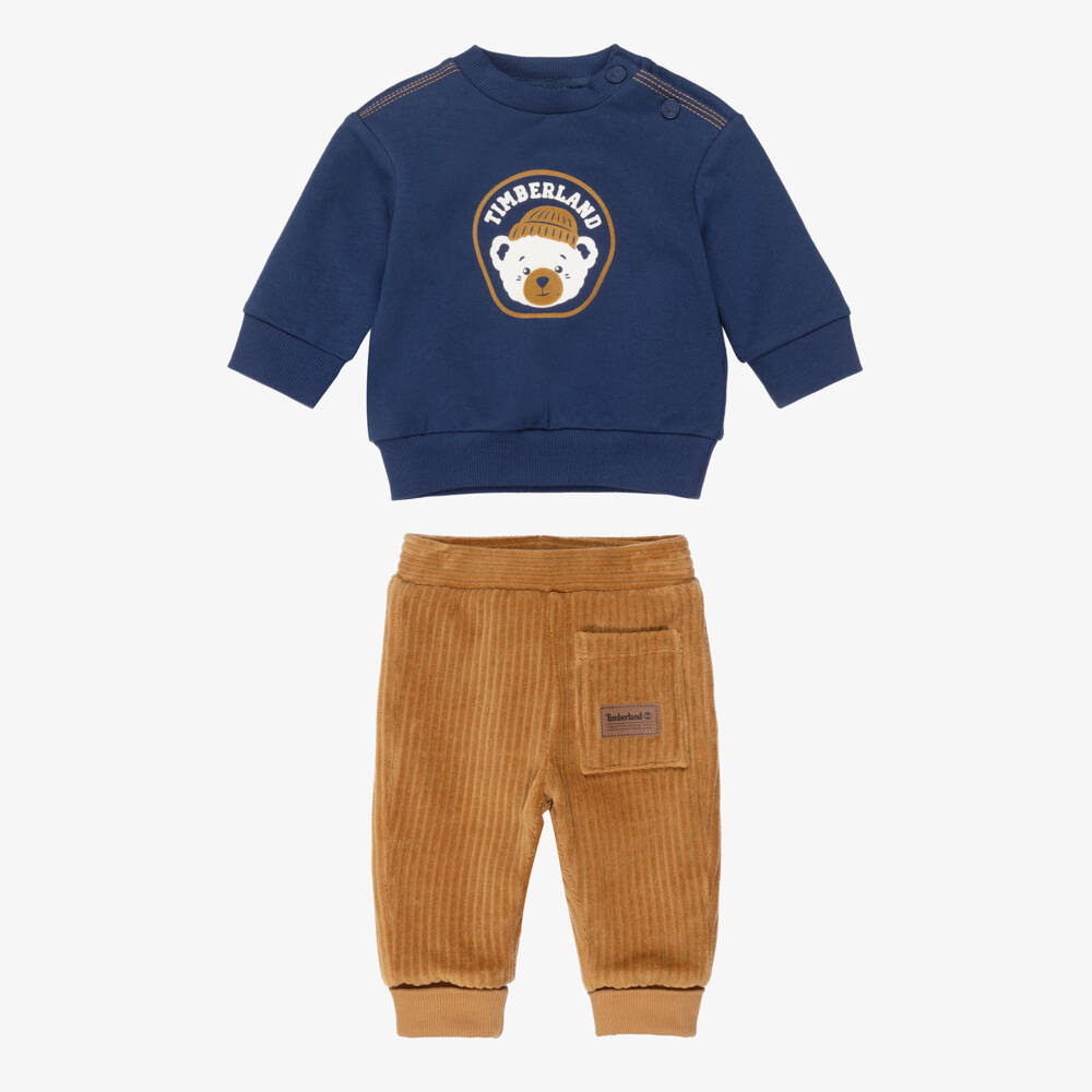 Timberland-Baby Boys Blue & Brown Trouser Set with Bear Motif | Childrensalon