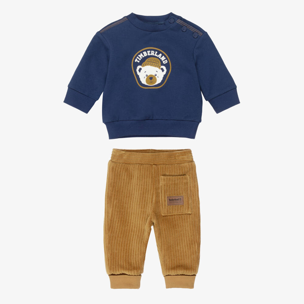 Timberland-Baby Boys Blue & Brown Trouser Set with Bear Motif | Childrensalon
