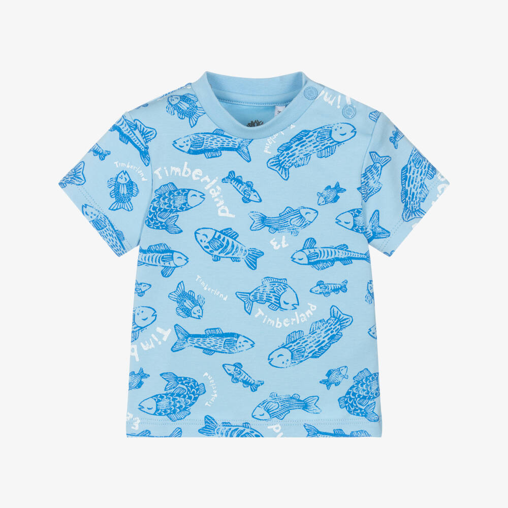 Timberland-Baby Boys Blue Cotton Fish Print T-Shirt | Childrensalon