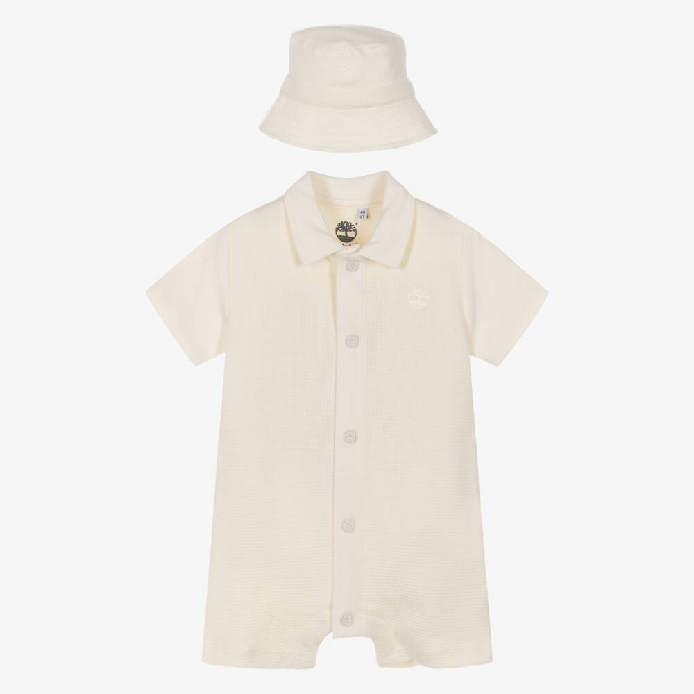 Timberland-طقم بودي سوت جيرسي وافل لون عاجي للأولاد الرضع | Childrensalon