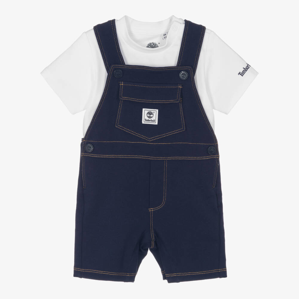 Timberland-Baby Boys Navy Blue Cotton Jersey Dungaree Shorts Set | Childrensalon