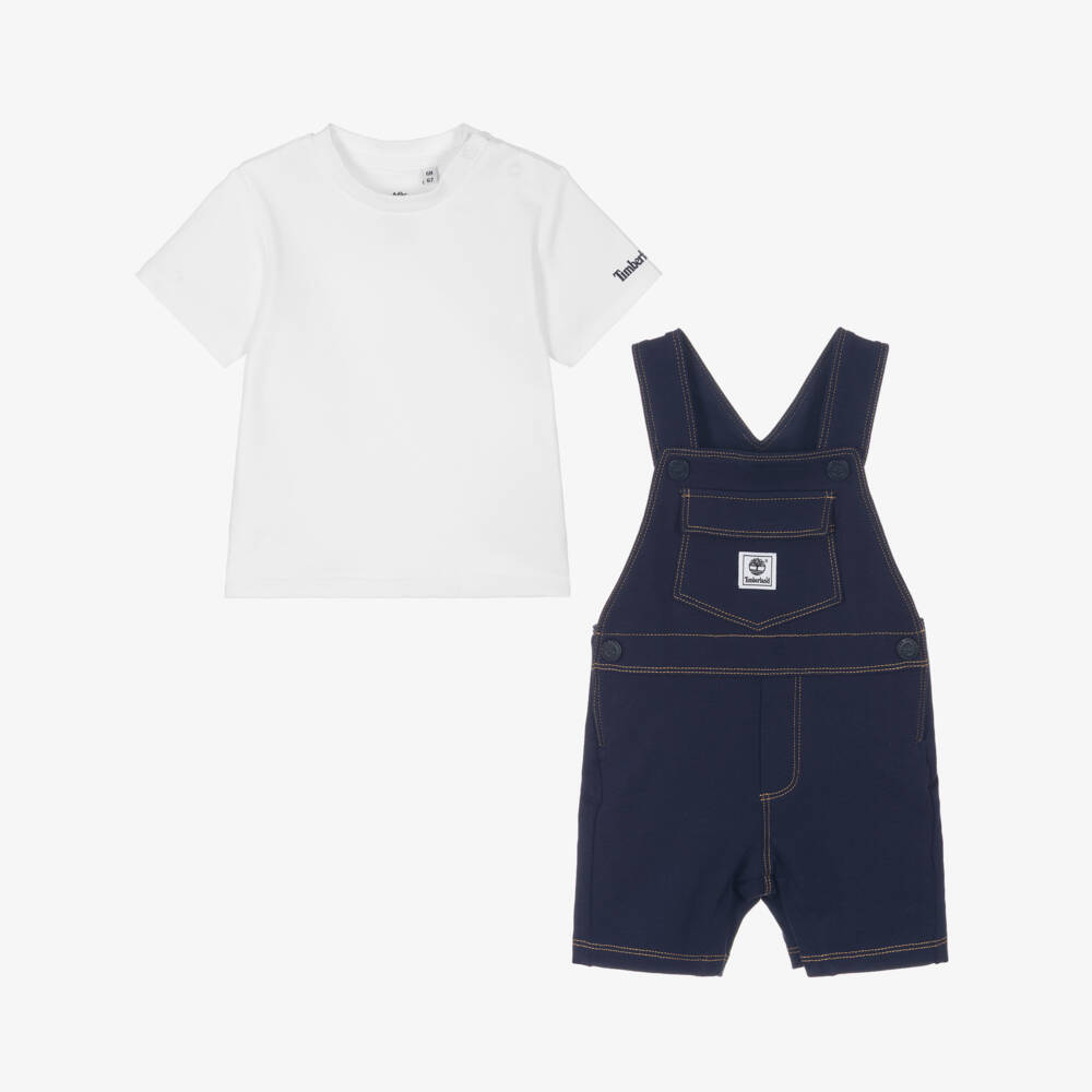 Timberland-Baby Boys Navy Blue Cotton Jersey Dungaree Shorts Set | Childrensalon