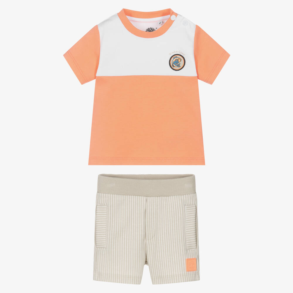 Timberland-Baby Boys Orange & Beige Cotton Shorts Set | Childrensalon