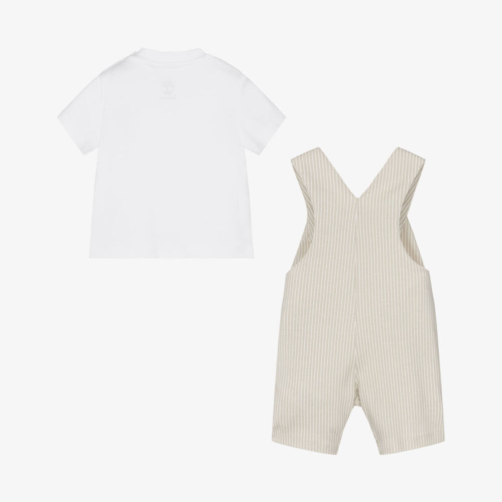 Timberland-Baby Boys White & Beige Dunagree Set | Childrensalon