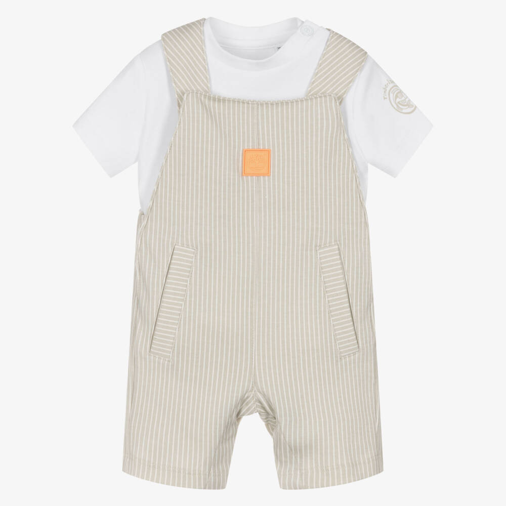 Timberland-Baby Boys White & Beige Dunagree Set | Childrensalon