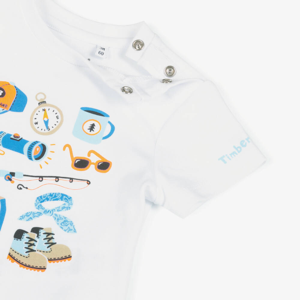 Timberland-Футболка белая из хлопка с принтом активного отдыха для мальчиков | Childrensalon